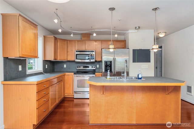13426 97th Ave E Unit 303, Puyallup, WA 98373 - kitchen with appliances with stainless steel finishes, a sink, dark wood finished floors, and decorative backsplash