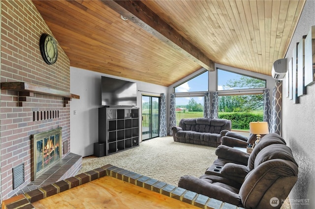 1826 156th St NE, Arlington, WA 98223 - carpeted living area featuring a brick fireplace, wood ceiling, and a wall mounted air conditioner
