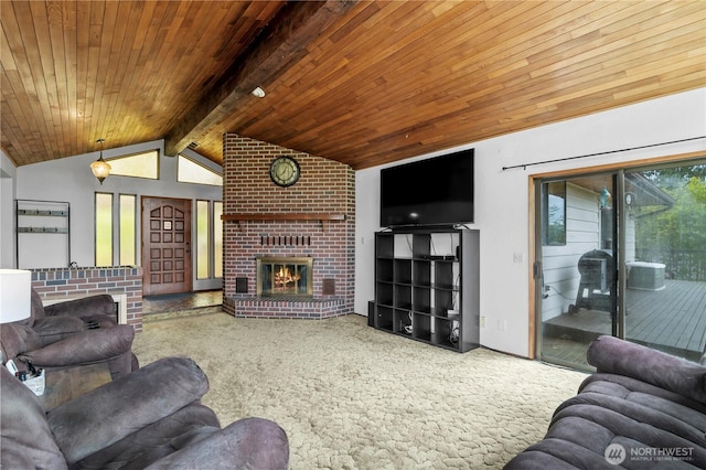 1826 156th St NE, Arlington, WA 98223 - carpeted living room featuring a brick fireplace and wood ceiling