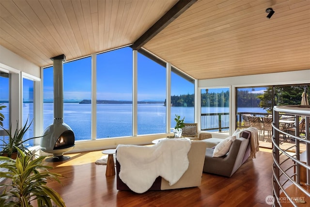 161 Montgomery Ln, Port Ludlow, WA 98365 - sunroom / solarium with a water view, wooden ceiling, and wood finished floors