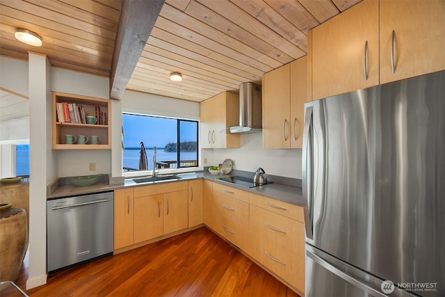 161 Montgomery Ln, Port Ludlow, WA 98365 - kitchen featuring stainless steel appliances, wooden ceiling, wall chimney exhaust hood, a sink, and light brown cabinets