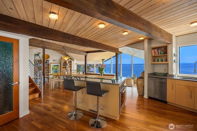 161 Montgomery Ln, Port Ludlow, WA 98365 - kitchen featuring stainless steel appliances, dark countertops, dark wood-style flooring, wooden ceiling, and a sink