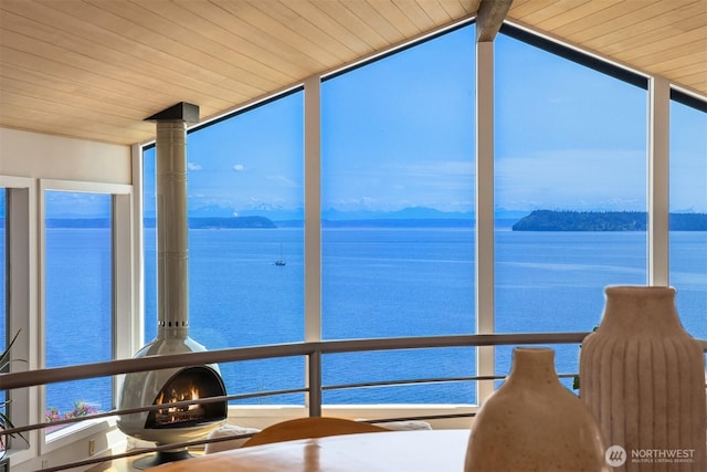 161 Montgomery Ln, Port Ludlow, WA 98365 - unfurnished sunroom with a water view, wood ceiling, and vaulted ceiling