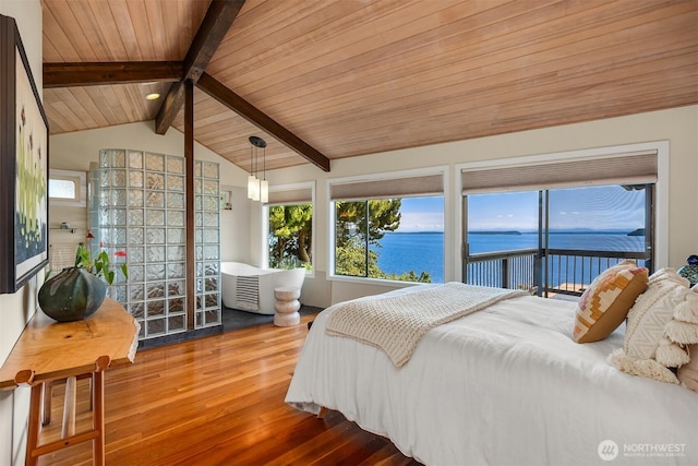 161 Montgomery Ln, Port Ludlow, WA 98365 - bedroom with wood finished floors, a water view, wooden ceiling, and access to exterior