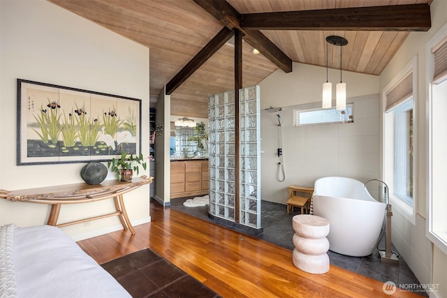 161 Montgomery Ln, Port Ludlow, WA 98365 - bathroom with a freestanding bath, walk in shower, wooden ceiling, and wood finished floors