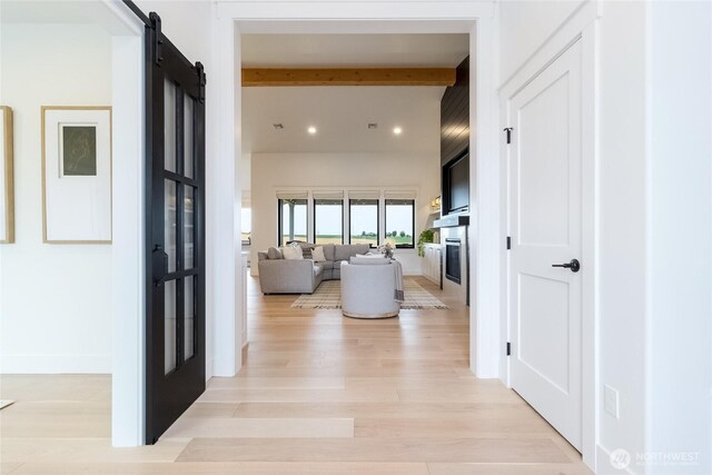 53 Daybreak Rd, Walla Walla, WA 99362 - corridor featuring a barn door, recessed lighting, light wood finished floors, and beamed ceiling