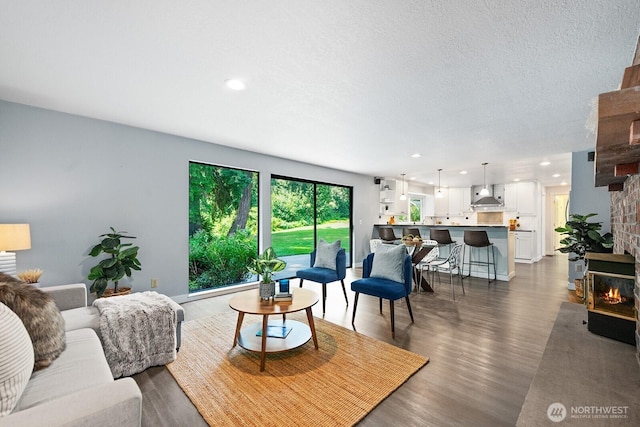 12043 184th Ave NE, Redmond, WA 98052 - living room featuring a fireplace, recessed lighting, dark wood-type flooring, and a textured ceiling