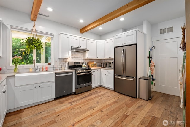 kitchen with stainless steel appliances, a sink, beamed ceiling, light wood-style floors, and tasteful backsplash