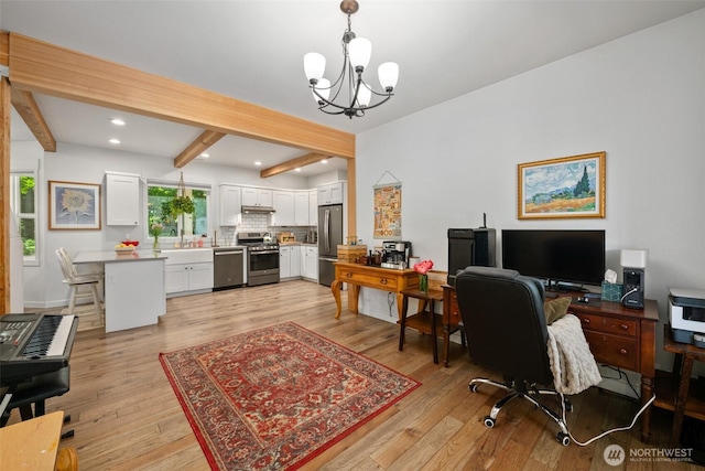 office space with a chandelier, beamed ceiling, light wood-style flooring, recessed lighting, and baseboards