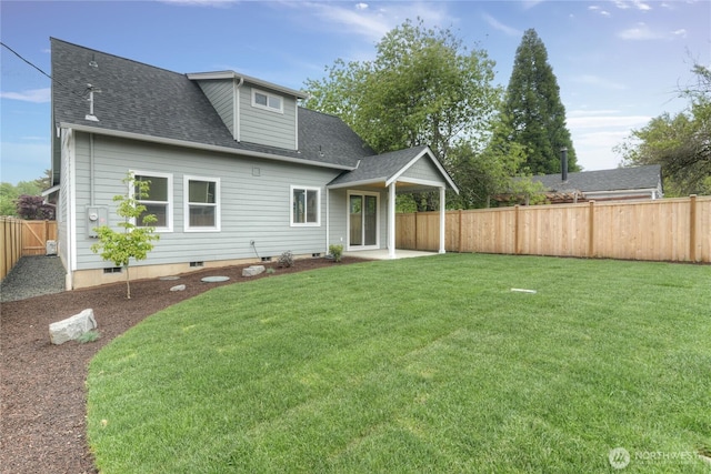 view of front of home featuring roof with shingles, a patio area, and crawl space