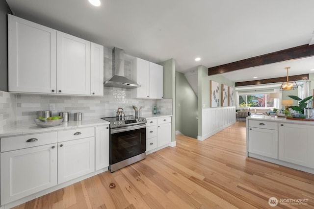 kitchen featuring wall chimney exhaust hood, stainless steel electric stove, white cabinetry, tasteful backsplash, and beamed ceiling