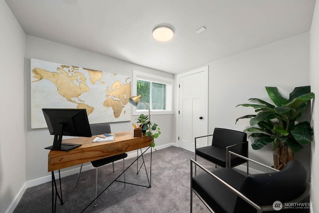 home office featuring carpet floors and baseboards