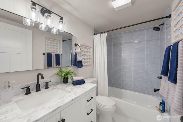 full bath featuring shower / bath combination with curtain, toilet, and vanity