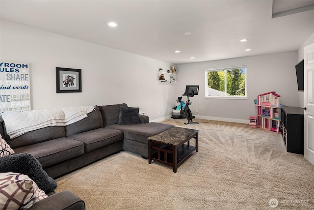 12915 212th St SE, Snohomish, WA 98296 - living room with baseboards, light carpet, and recessed lighting