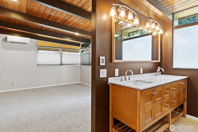 bathroom featuring a wall unit AC, wood ceiling, beam ceiling, plenty of natural light, and baseboards