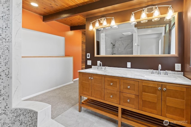 bathroom with beamed ceiling, walk in shower, wood ceiling, and double vanity