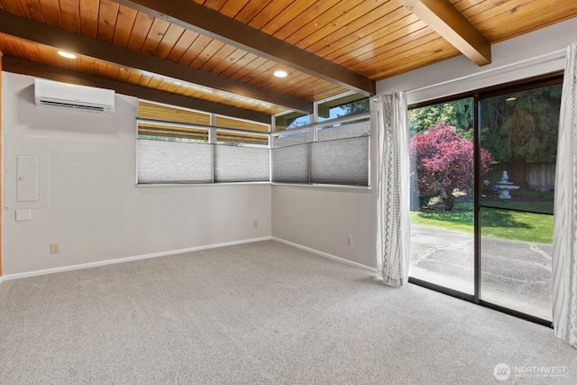 unfurnished sunroom with an AC wall unit and beamed ceiling