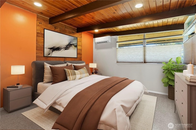 bedroom featuring wooden ceiling, carpet, beam ceiling, an AC wall unit, and wood walls