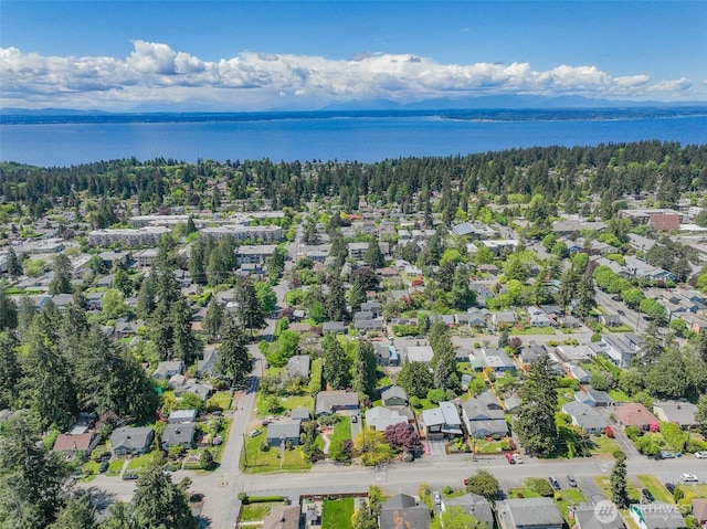 aerial view of residential area featuring a nearby body of water and a forest