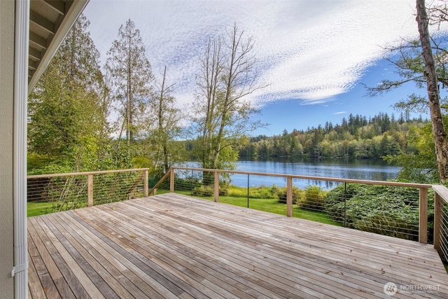 893 Snow Creek Rd, Quilcene, WA 98376 - wooden deck with a water view and a wooded view