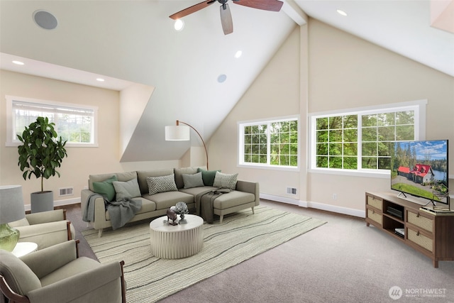 893 Snow Creek Rd, Quilcene, WA 98376 - carpeted living area with plenty of natural light, ceiling fan, baseboards, recessed lighting, and beam ceiling