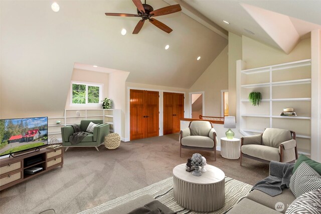 893 Snow Creek Rd, Quilcene, WA 98376 - living room featuring high vaulted ceiling, carpet floors, a ceiling fan, recessed lighting, and built in shelves