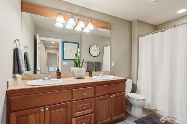 2947 275th Ave SE, Sammamish, WA 98075 - bathroom featuring toilet, double vanity, tile patterned flooring, and a shower with shower curtain
