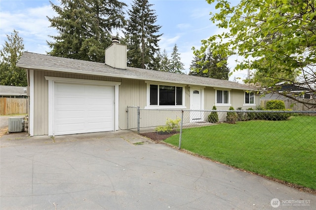 ranch-style home featuring a chimney, central AC, a garage, driveway, and a shingled roof