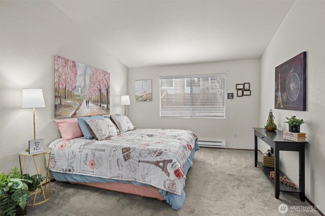 bedroom featuring a baseboard radiator and carpet