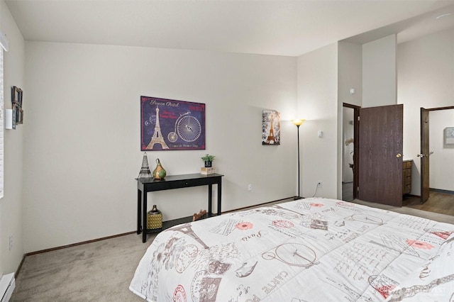 carpeted bedroom featuring baseboards and baseboard heating