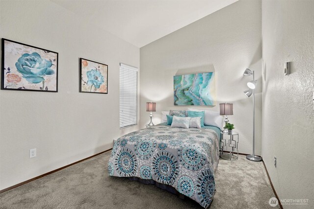 bedroom with carpet floors, vaulted ceiling, and baseboards