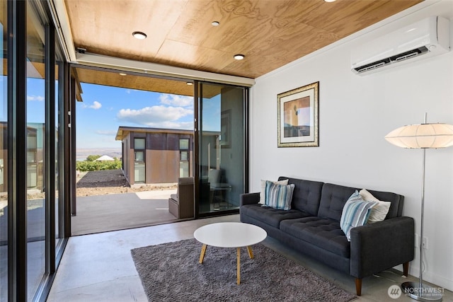 23648 NW Cliffe Pointe Rd Unit 10B, Quincy, WA 98848 - living area featuring floor to ceiling windows, wood ceiling, and a wall unit AC
