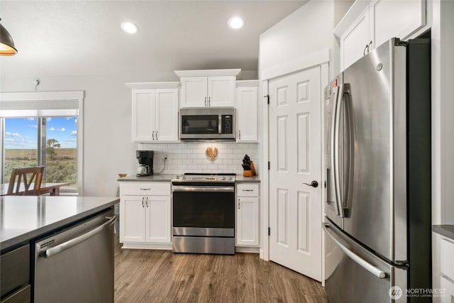 11975 NE Neppel Rd, Moses Lake, WA 98837 - kitchen with stainless steel appliances, white cabinetry, dark wood-style flooring, tasteful backsplash, and recessed lighting