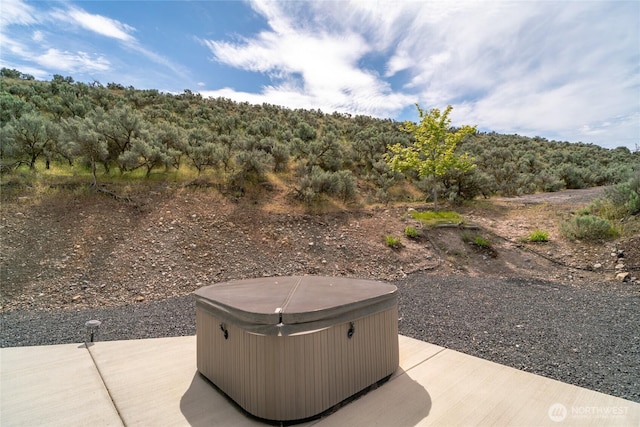 11975 NE Neppel Rd, Moses Lake, WA 98837 - view of patio with a hot tub and a view of trees