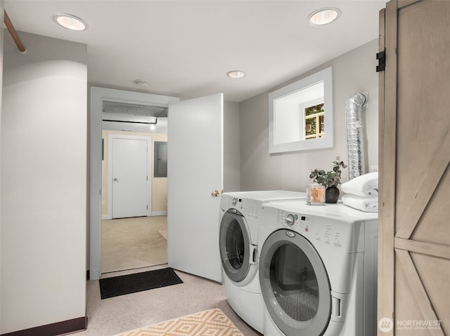washroom featuring independent washer and dryer, baseboards, and recessed lighting