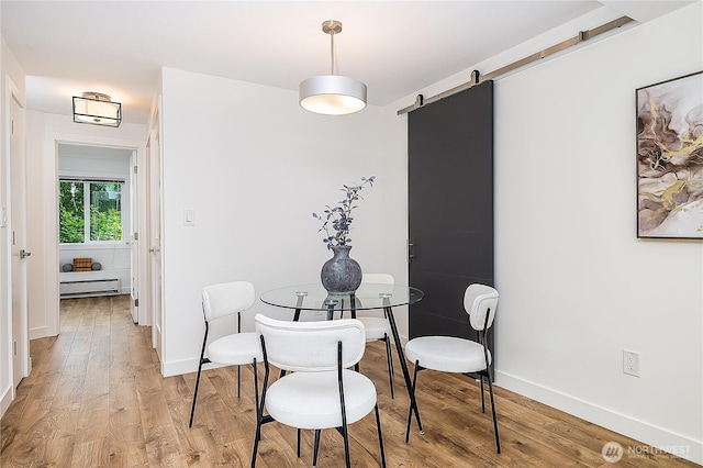 6533 106th Ave NE Unit D, Kirkland, WA 98033 - dining area with baseboard heating, light wood-style flooring, a barn door, and baseboards