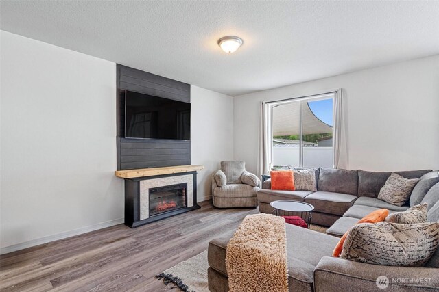 817 B St, Vader, WA 98593 - living area with wood finished floors, a large fireplace, baseboards, and a textured ceiling