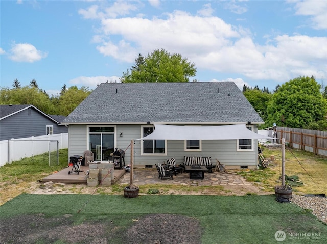 817 B St, Vader, WA 98593 - rear view of property featuring roof with shingles, a wooden deck, an outdoor fire pit, and a patio area