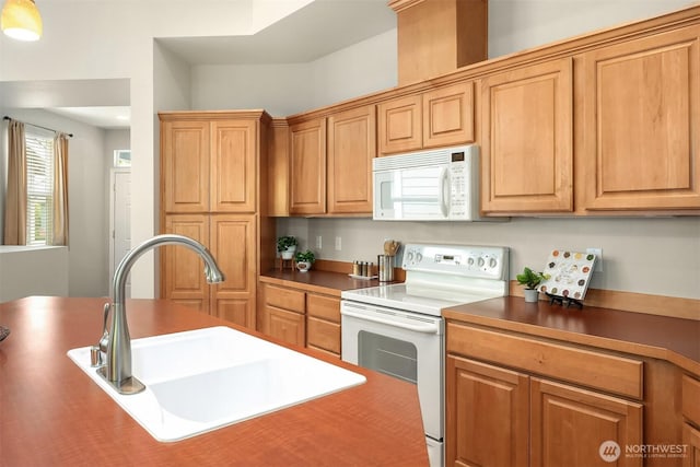 kitchen with white appliances, a sink, and dark countertops