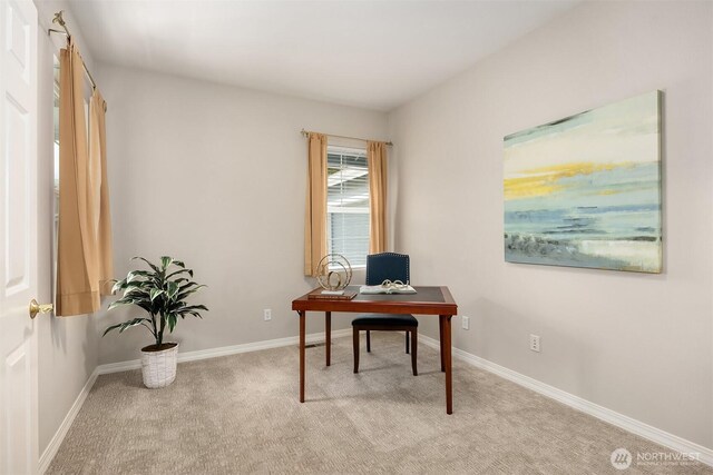 office with light colored carpet and baseboards
