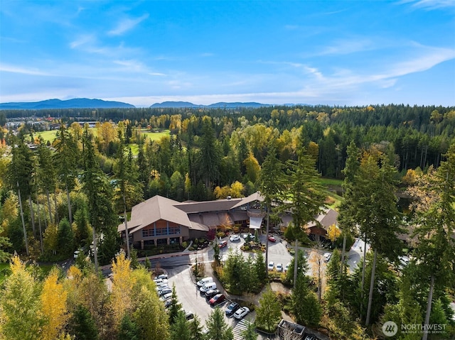aerial overview of property's location featuring a forest and mountains