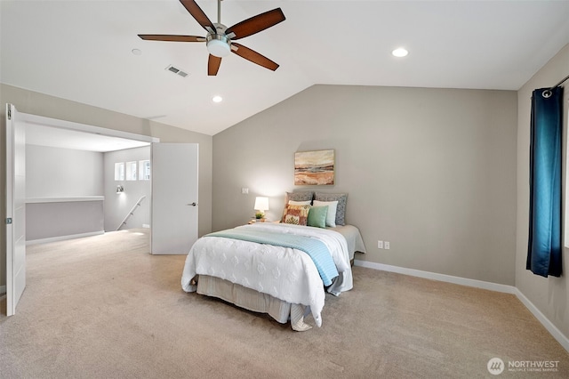 bedroom with lofted ceiling, carpet floors, recessed lighting, baseboards, and ceiling fan