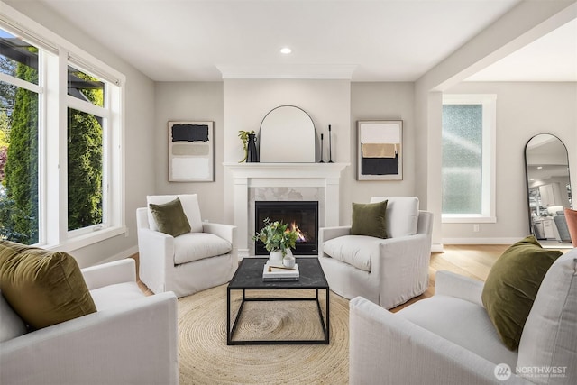 3815 NE 89th St, Seattle, WA 98115 - living area featuring baseboards, wood finished floors, a premium fireplace, and recessed lighting