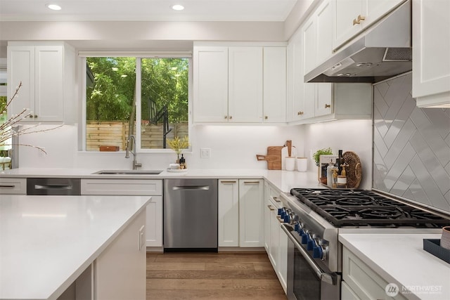 3815 NE 89th St, Seattle, WA 98115 - kitchen featuring appliances with stainless steel finishes, a sink, under cabinet range hood, light wood-style floors, and white cabinetry