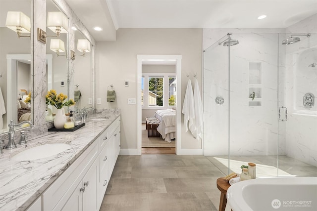 3815 NE 89th St, Seattle, WA 98115 - full bath featuring connected bathroom, a marble finish shower, double vanity, recessed lighting, and a bath