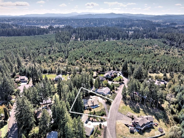 2526 E Pershing Ct, Shelton, WA 98584 - aerial overview of property's location with a heavily wooded area, property parcel outlined, and mountains