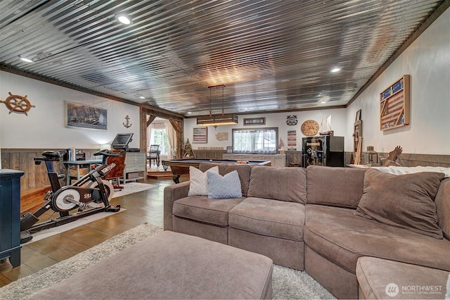 living room featuring hardwood / wood-style flooring, billiards table, wainscoting, recessed lighting, and wood ceiling