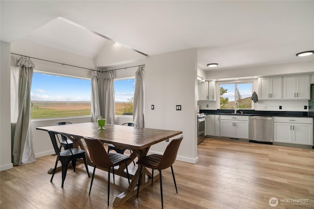 12062 Neppel Rd, Moses Lake, WA 98837 - dining space with light wood-type flooring, vaulted ceiling, and baseboards