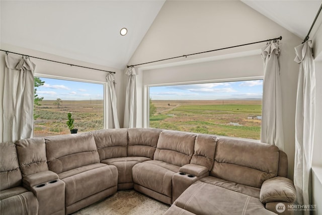 12062 Neppel Rd, Moses Lake, WA 98837 - living area featuring recessed lighting, high vaulted ceiling, and a view of rural / pastoral area