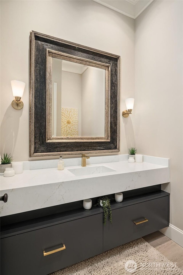 4207 Holly Ln, Mercer Island, WA 98040 - bathroom featuring vanity, wood finished floors, and crown molding